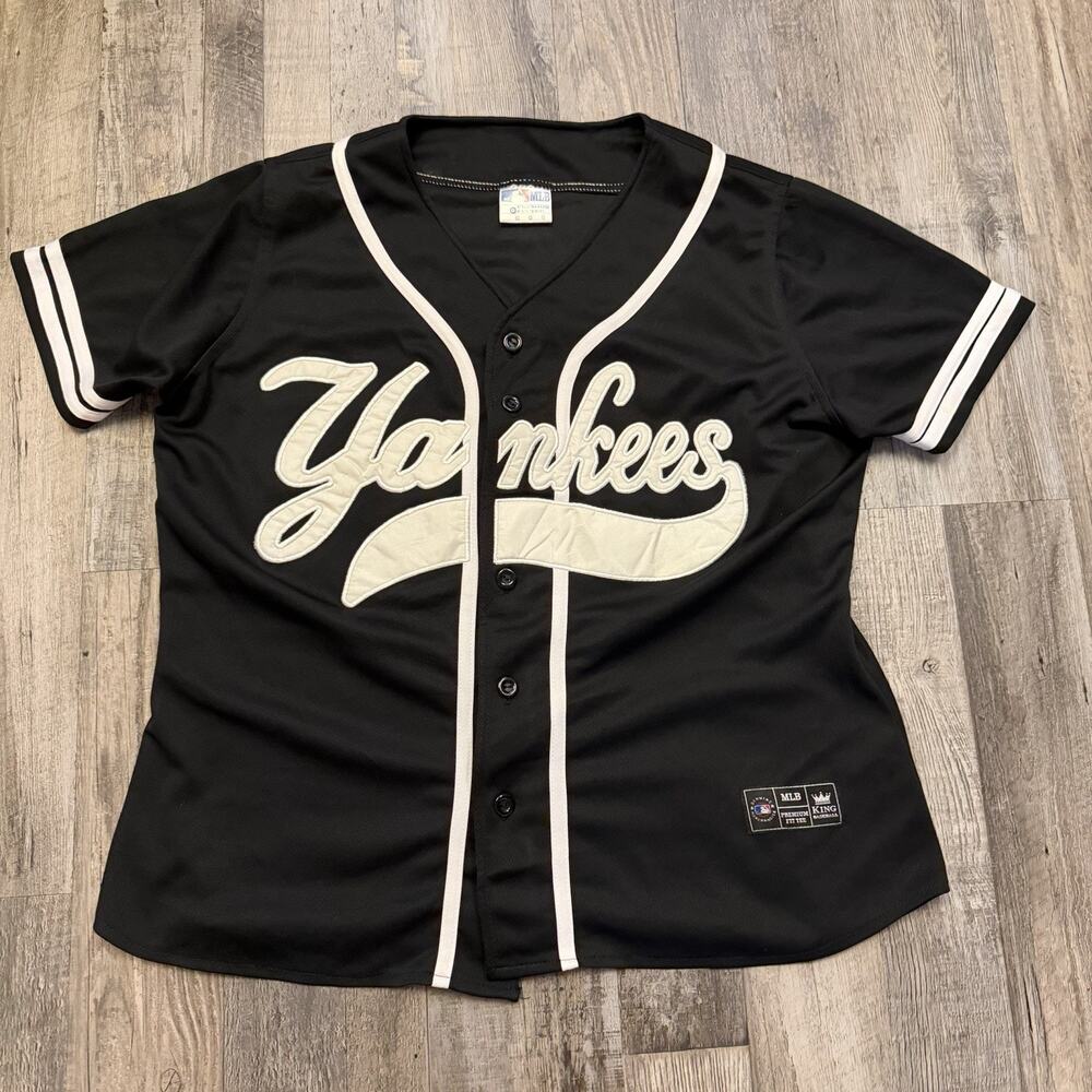 Vtg King Baseball Black MLB New York Yankees Button Up Baseball Jersey Women’s L